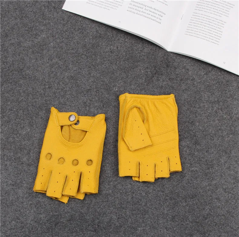 Men's Genuine Leather Half-Finger Driving & Fitness Gloves - Breathable, Non-Slip, Touchscreen Compatible