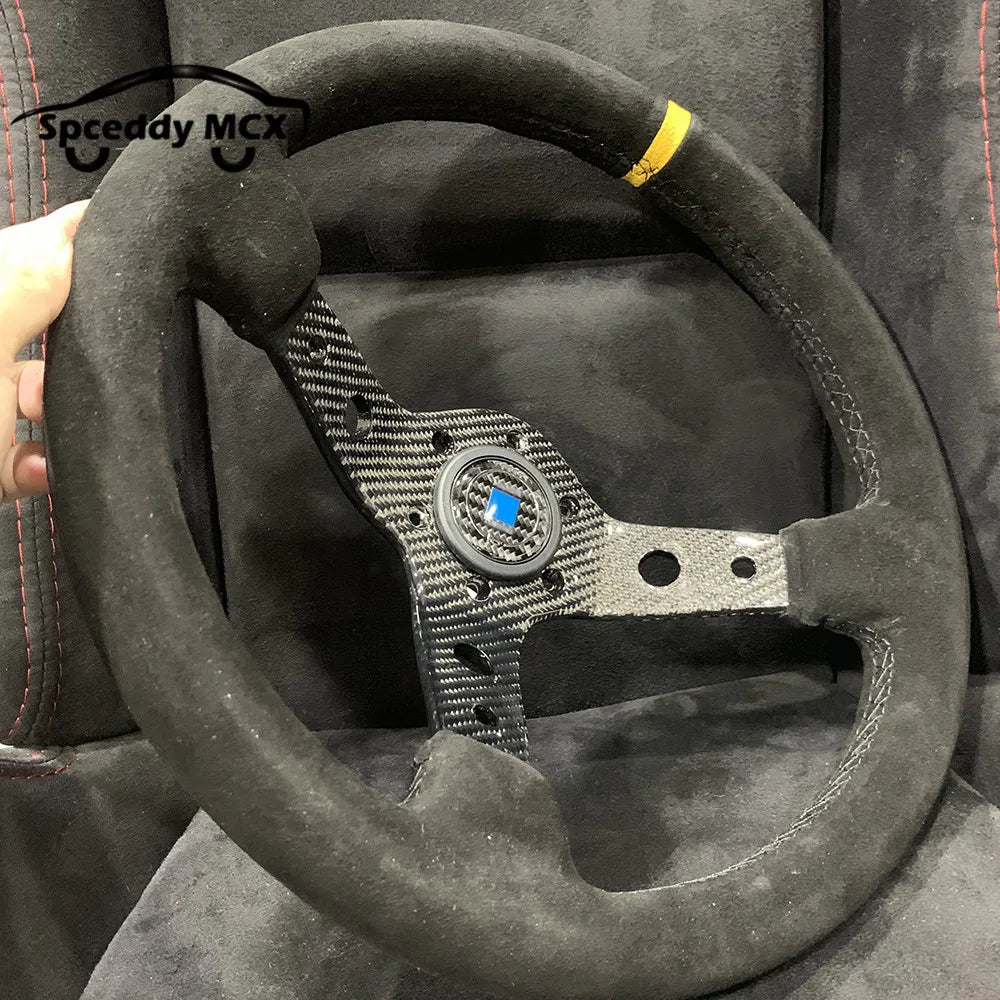14-Inch Suede & Carbon Fiber Deep Dish Racing Steering Wheel - Universal Fit