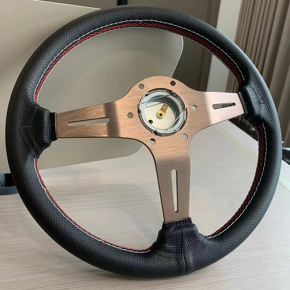 14-Inch Nardi Style Punched Leather Steering Wheel (Red & Rose Gold, 350mm) - JDM Drift, Racing