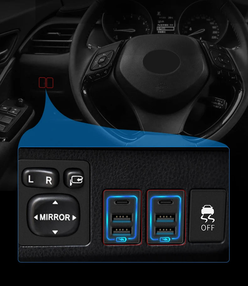 Fast-Charging Cigarette Lighter Adapter for Toyota Models (2008-2024) with LED Ambient Light and USB-C Upgrade