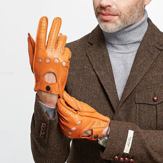 Men's Genuine Sheepskin Leather Driving Gloves - Black/Brown, Thin and Breathable