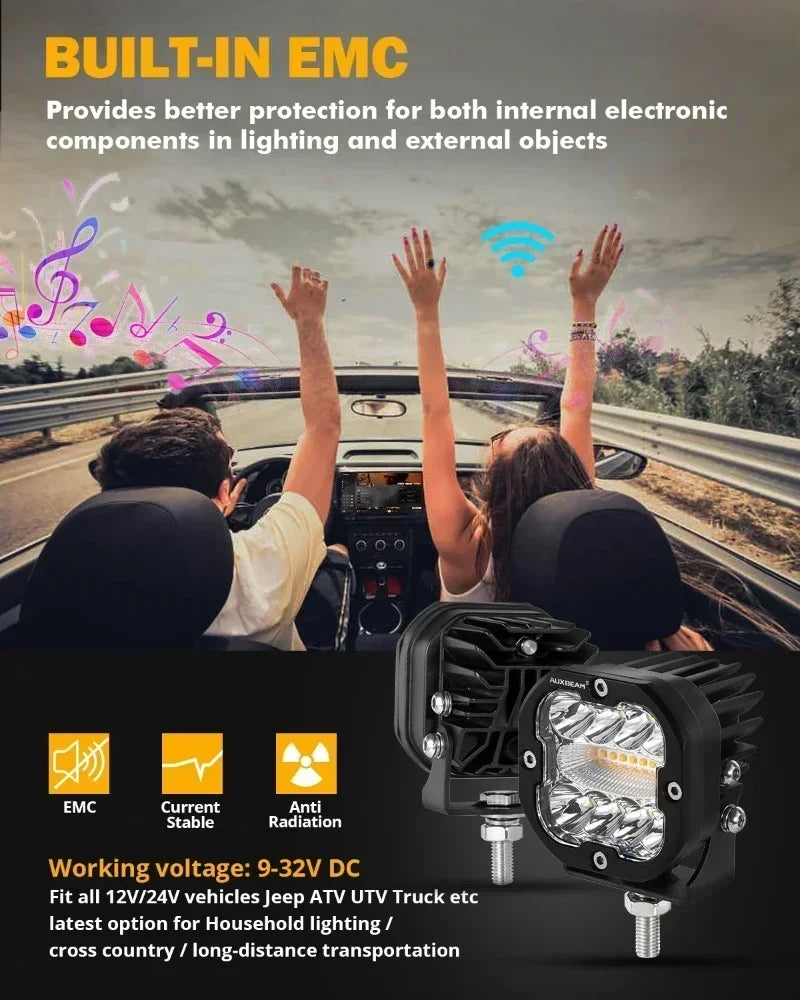 Universal 80W Dual-Color LED Work Light Pair - Amber & White, 6 Modes, IP68 Waterproof