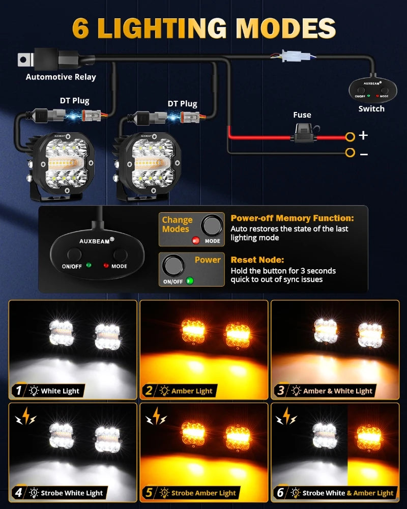 Universal 80W Dual-Color LED Work Light Pair - Amber & White, 6 Modes, IP68 Waterproof
