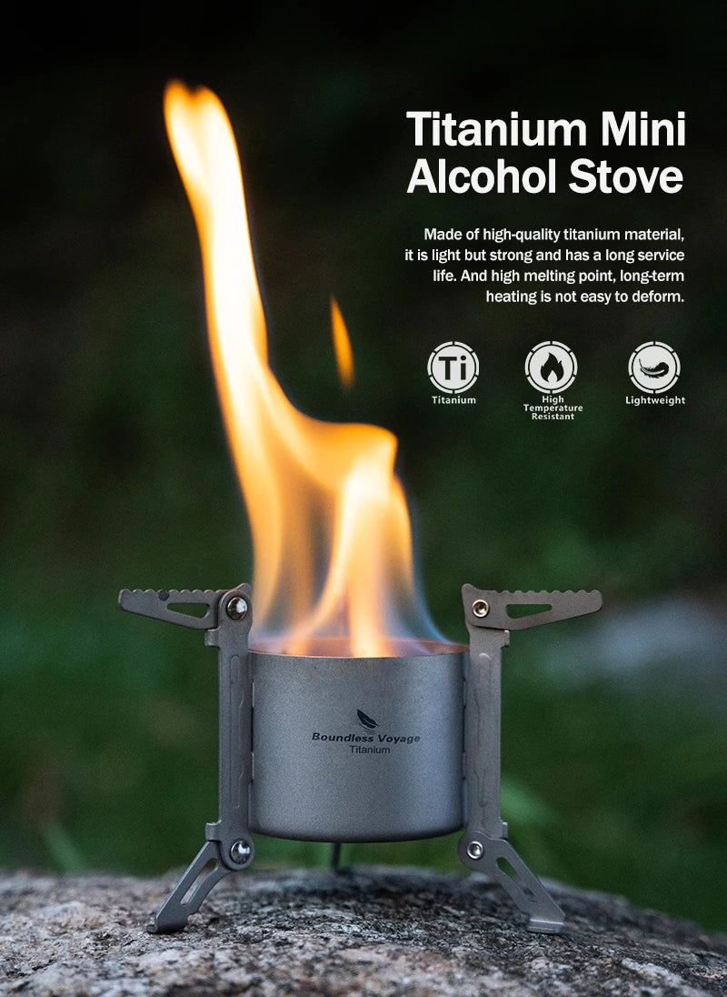 Boundless Voyage Titanium Alcohol Stove - Lightweight, 80ml Capacity, 40-Minute Burn Time