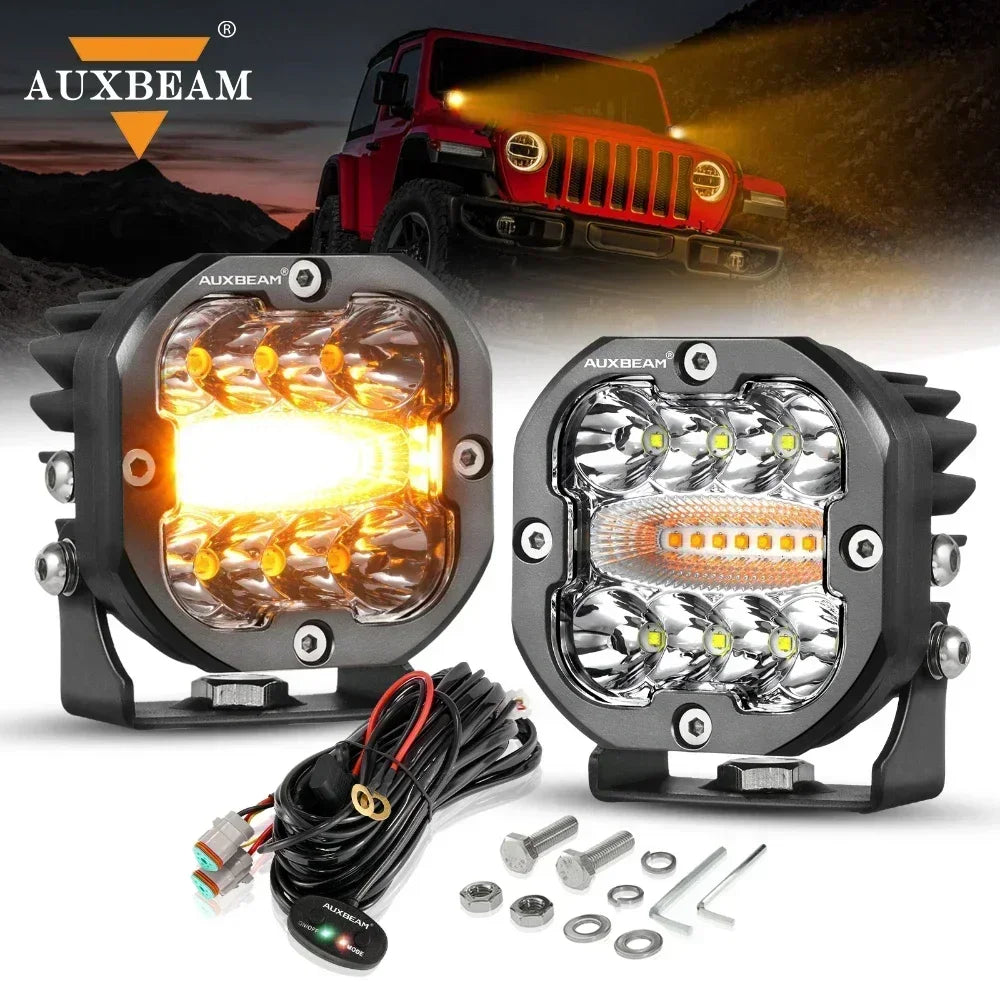 Universal 80W Dual-Color LED Work Light Pair - Amber & White, 6 Modes, IP68 Waterproof