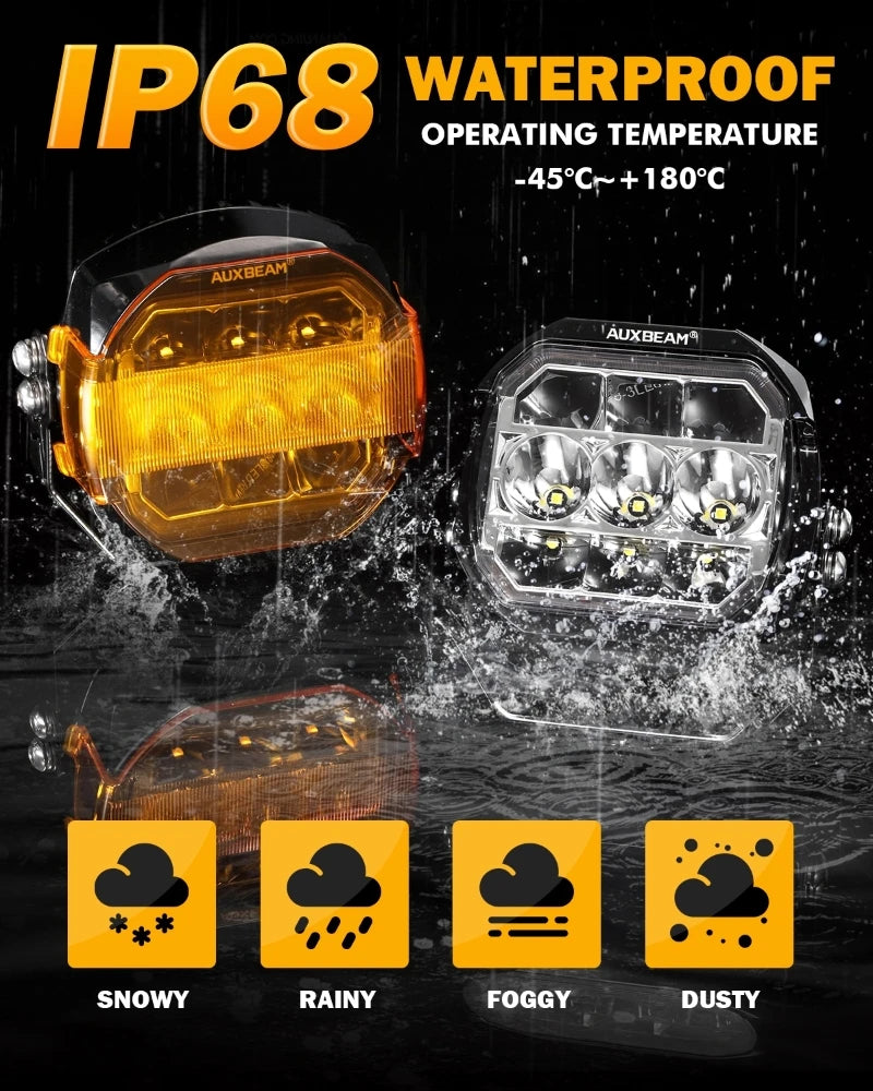 132W Dual-Color Side Shooter LED Work Lights - Combo Beam, 6500K White & 3000K Amber, IP68 Waterproof