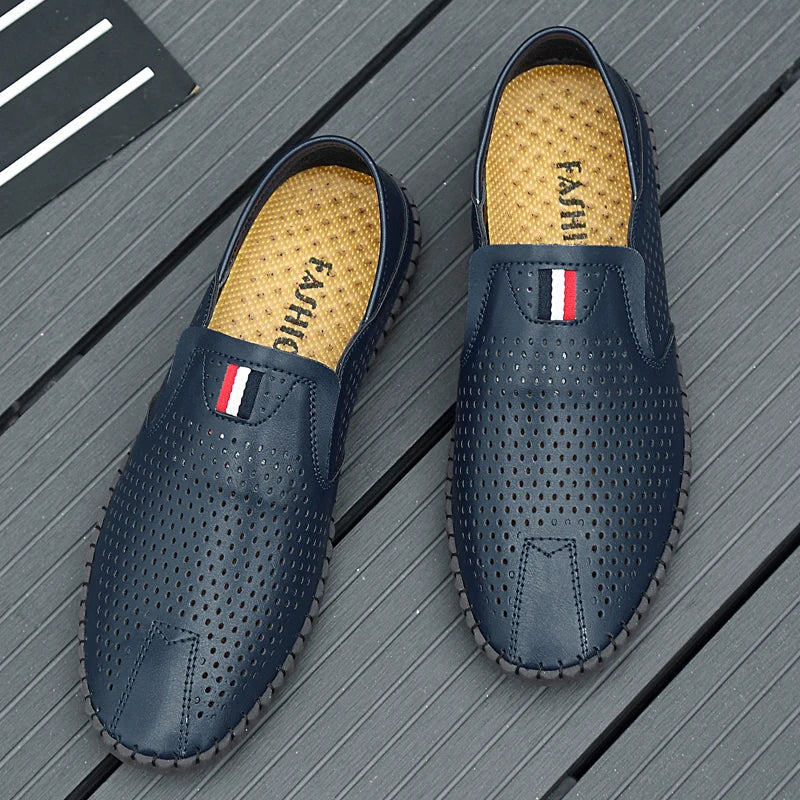 Men's Genuine Leather Loafers - Breathable Slip-On Casual Shoes
