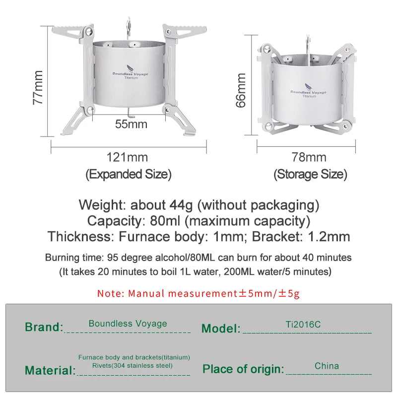 Boundless Voyage Titanium Alcohol Stove - Lightweight, 80ml Capacity, 40-Minute Burn Time