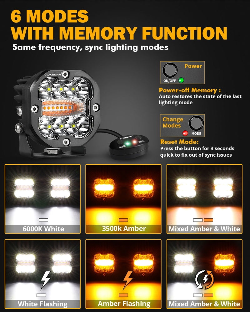 Universal 80W Dual-Color LED Work Light Pair - Amber & White, 6 Modes, IP68 Waterproof