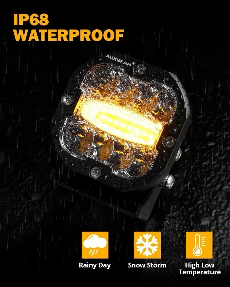 Universal 80W Dual-Color LED Work Light Pair - Amber & White, 6 Modes, IP68 Waterproof